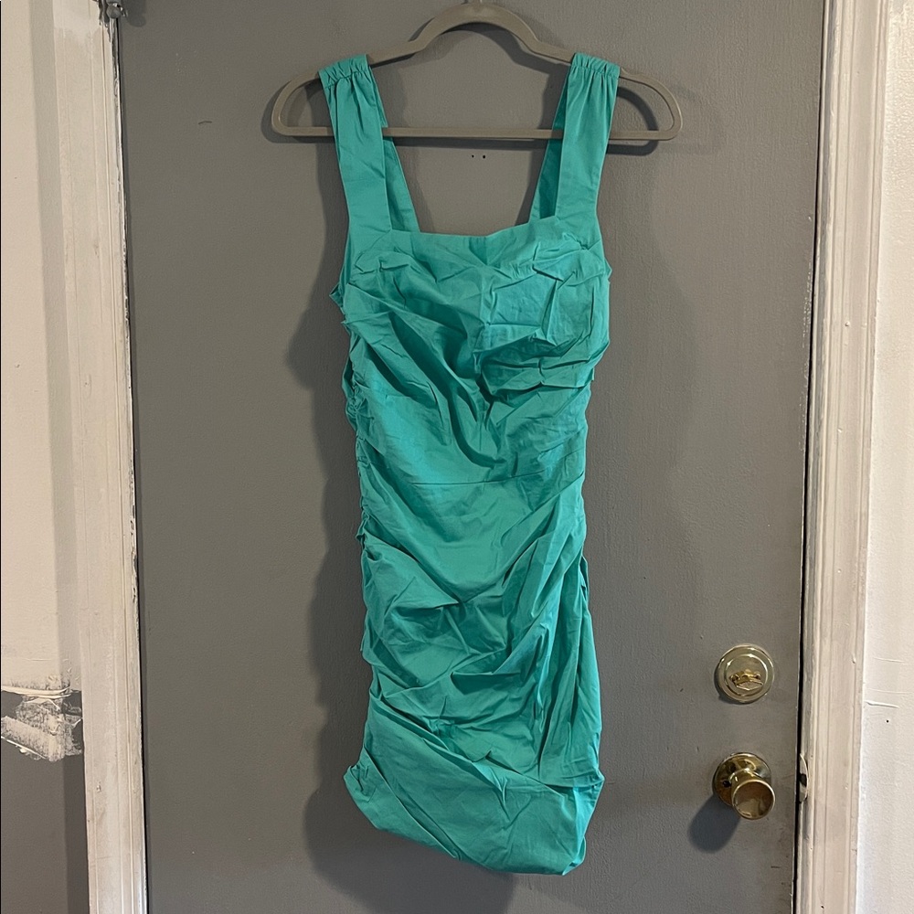 NWT ASTR the Label Ruched Square Neck Cotton Blend Dress Aqua Teal Size XS
